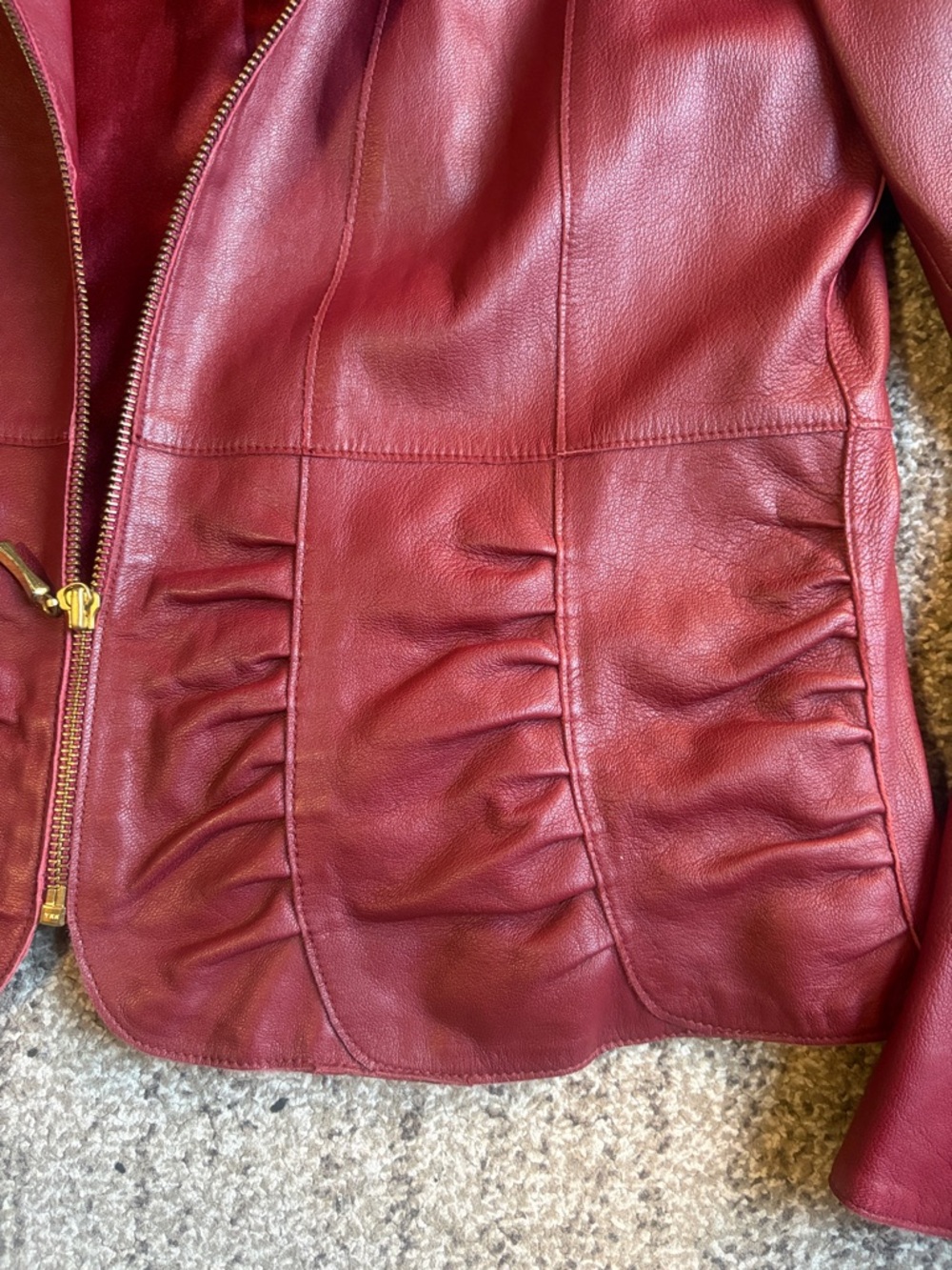 Women’s Burgundy Leather Zip-Front Jacket with Gathered Waist - Picture 3 of 8